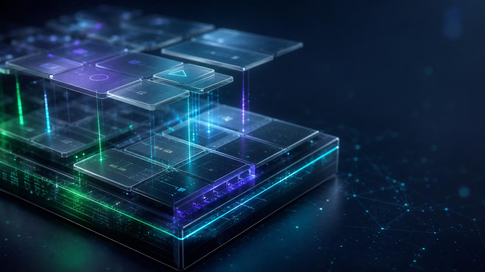 Layered architecture rendered as glass: translucent agent modules floating above a solid deterministic transaction layer, with conduits between the tiers