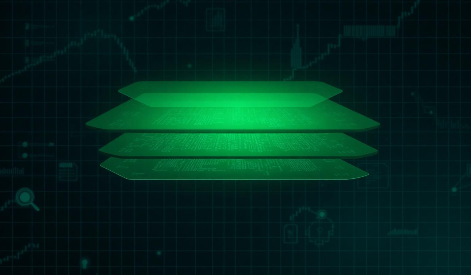 Layered governance panels glowing emerald over a dark data grid, representing structured oversight and accountability