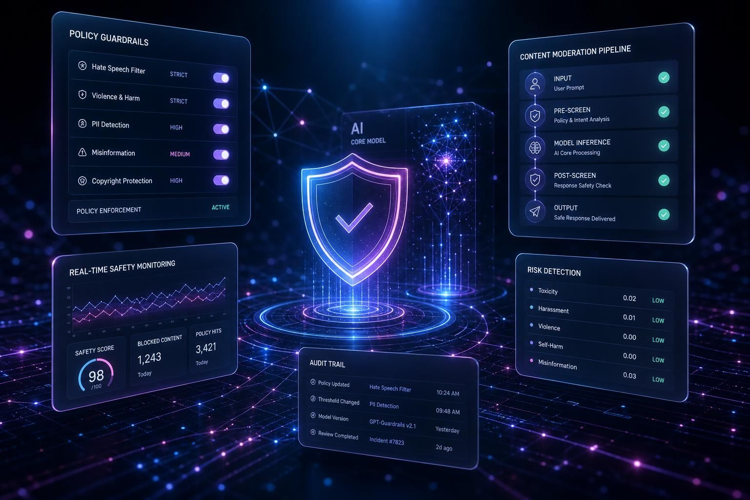 AI agent operating inside a glowing security perimeter with audit logs, approval gates, and least-privilege shields