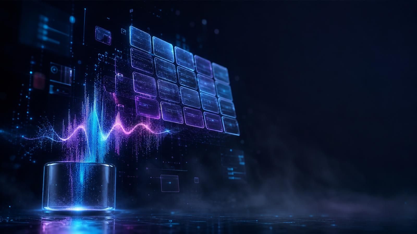 Voice waveform of light rising from a dark glass surface and resolving into an orderly lattice of structured data cells