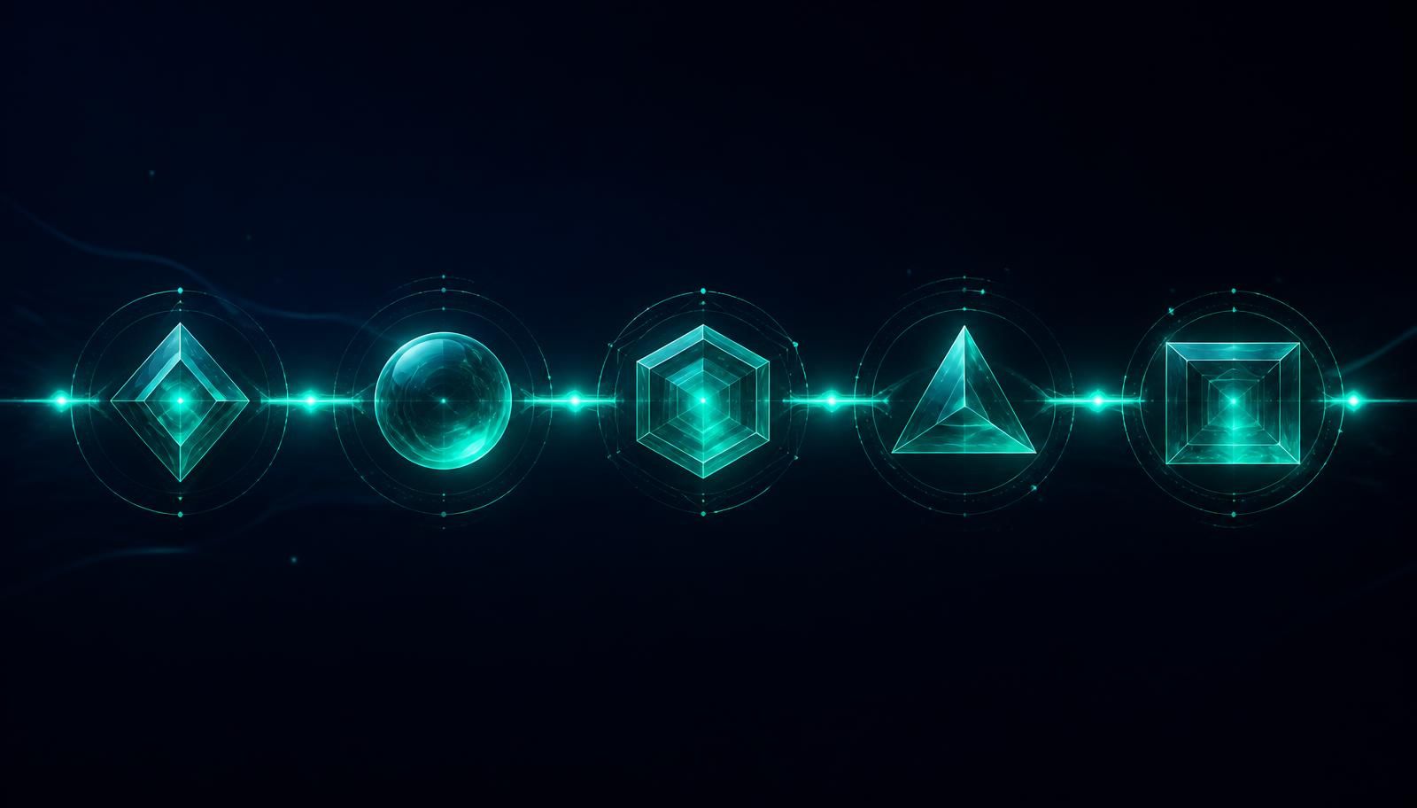 Five glowing emerald stage nodes connected along a luminous pipeline