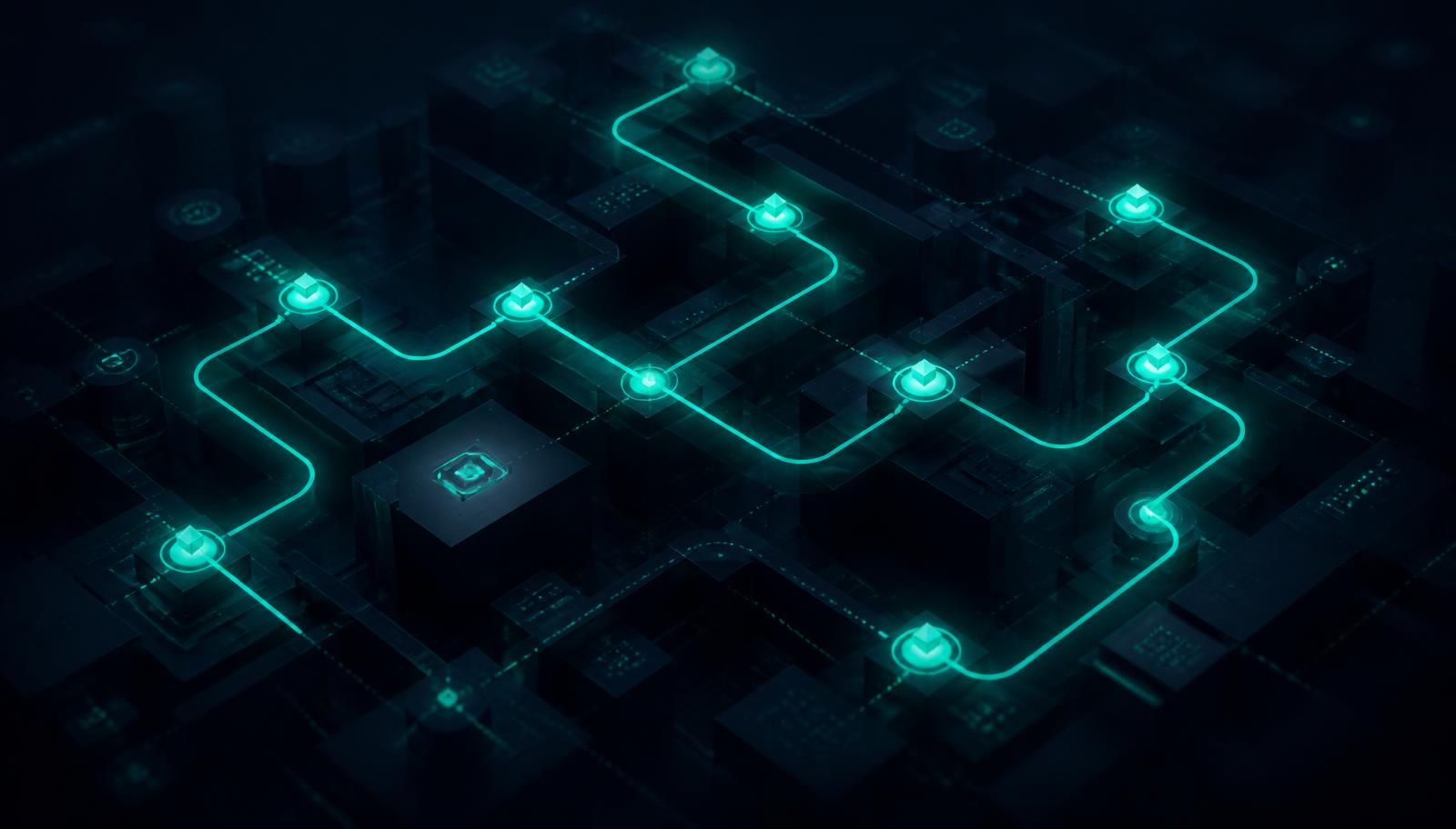 A single glowing emerald thread traced continuously through a maze of dark system blocks and checkpoints