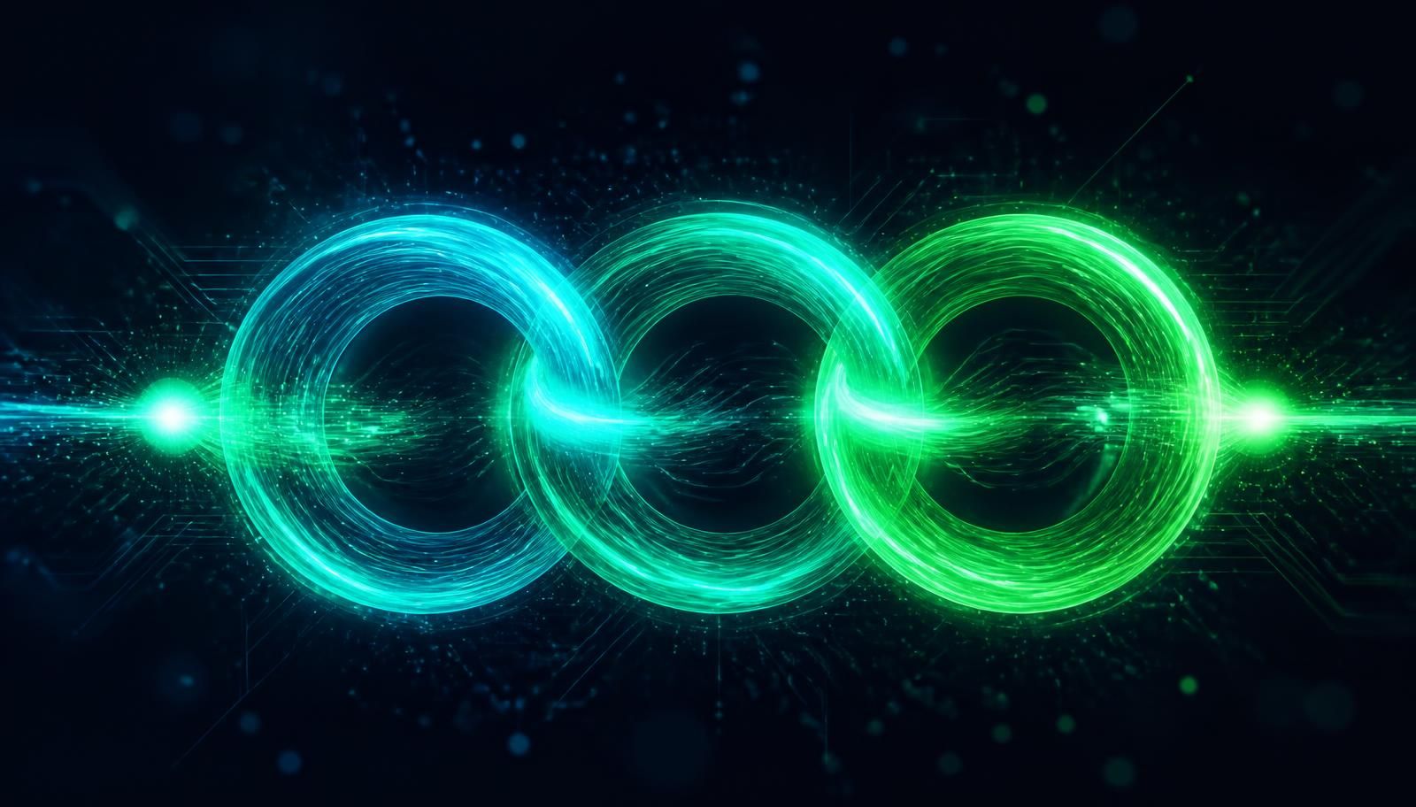 Three interlocking rings of light passing a single data pulse from left to right, representing the CRD, DTR, and PAS workflow chain
