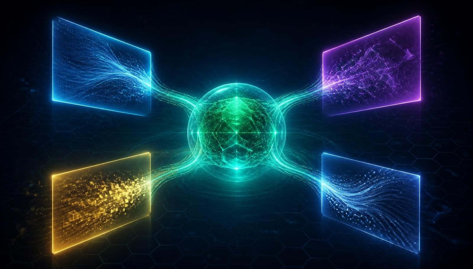 Four glowing API surfaces converging into a single unified data core, representing one shared operating model behind the CMS-0057-F APIs