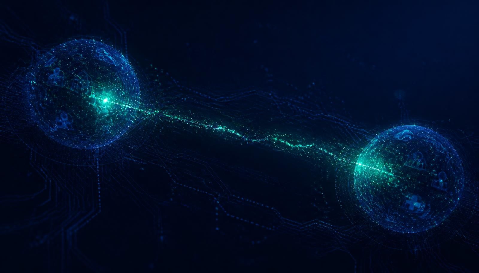Two glowing data spheres exchanging a thin stream of emerald particles across a dark span