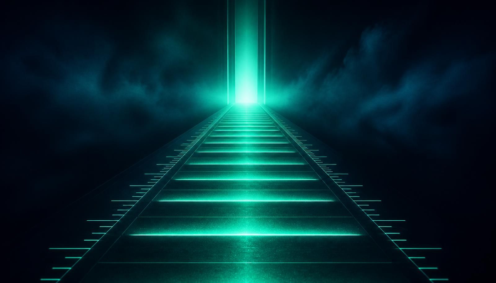 Luminous segmented runway of light receding toward a bright gate on the horizon, representing a sequenced countdown to the 2027 compliance date