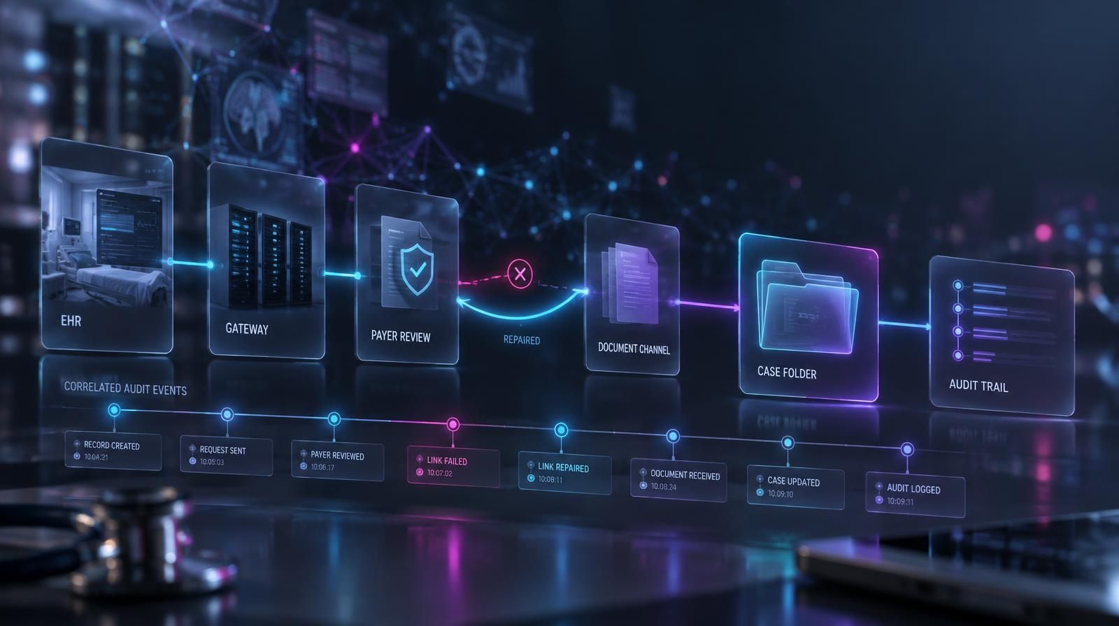 Conceptual authorization case history connecting an EHR, gateway, payer review, fallback document channel, case folder, and audit trail; a broken handoff is repaired without losing the case connection. A successful transaction is not the same as a completed, reconciled authorization workflow.