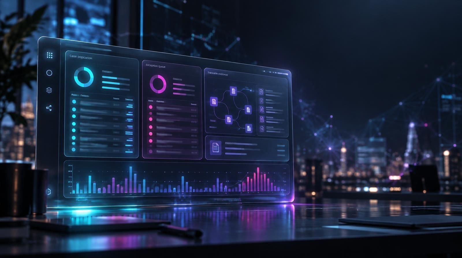 Conceptual operational analytics display, not a BCP client dashboard, showing a distinct case population, exception queue, and traceable evidence connections for reconciling authorization outcomes. Operational measures connect to the underlying cases and evidence.