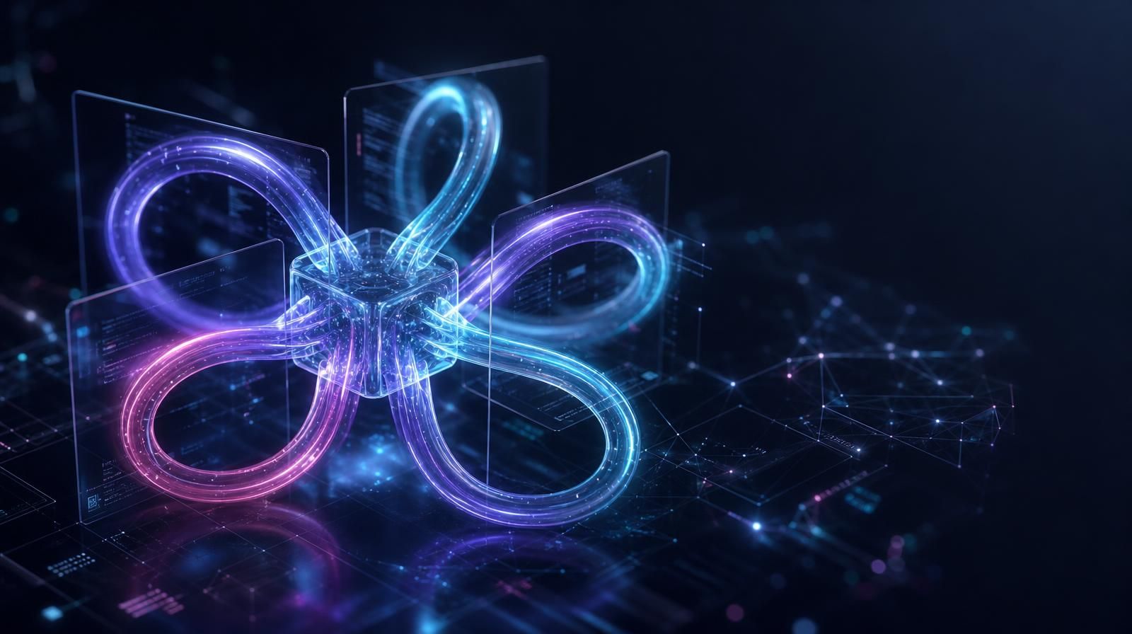 Abstract cyan and violet light ribbons looping back into a translucent glass core, representing recursive clinical data feedback