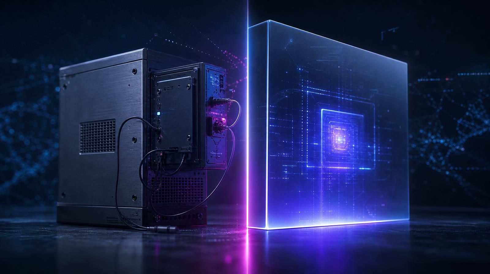 Split composition contrasting a legacy server module with an AI module bolted on against a seamless glass slab with inference glowing from within