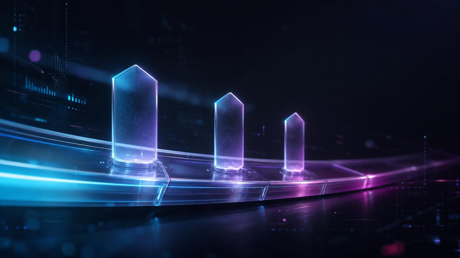 Fragmented hardware modules across a dark plane, each linked by glowing filaments converging into one unified glass conduit ring