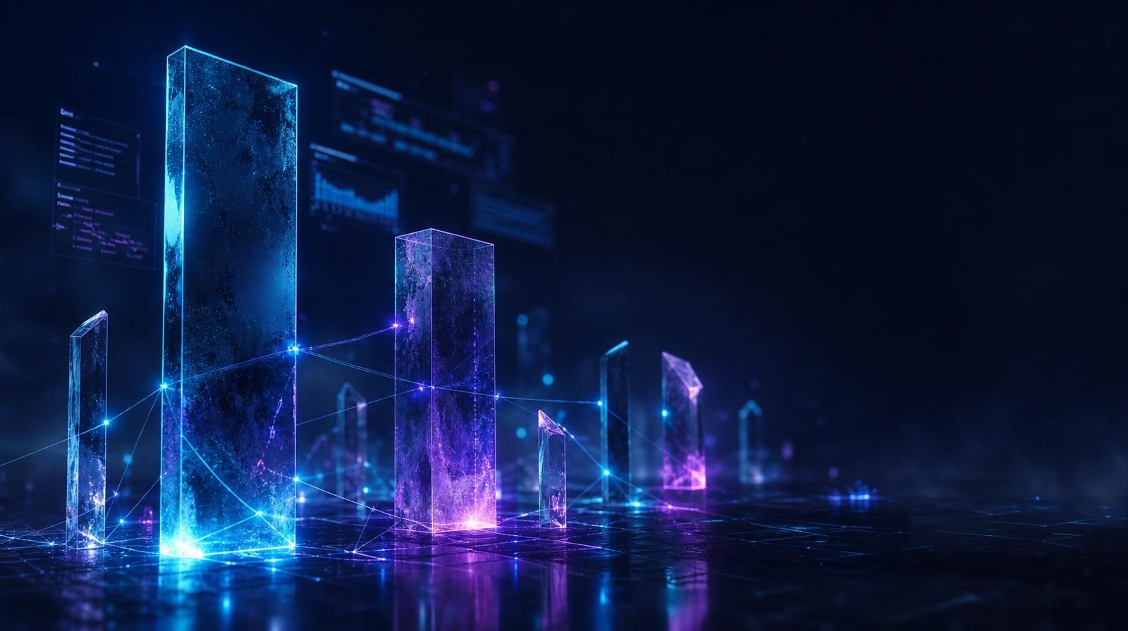 Abstract landscape of glass monoliths of varying scale connected by glowing filaments, representing the competitive EHR vendor field