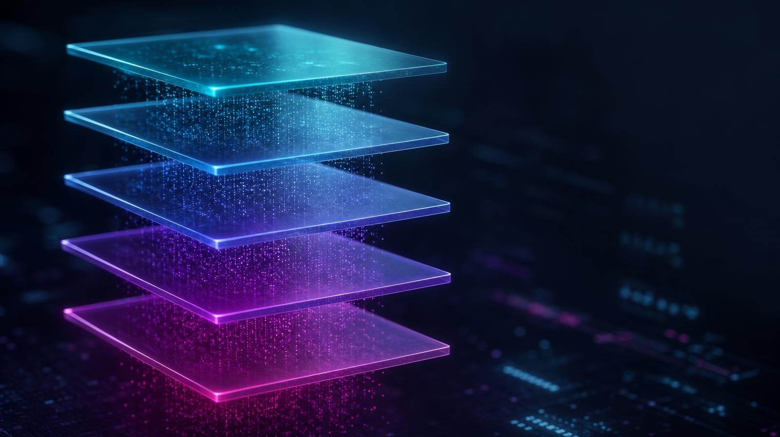 Five separating translucent glass layers lit in cyan, blue, violet and magenta, representing classes of clinical evidence