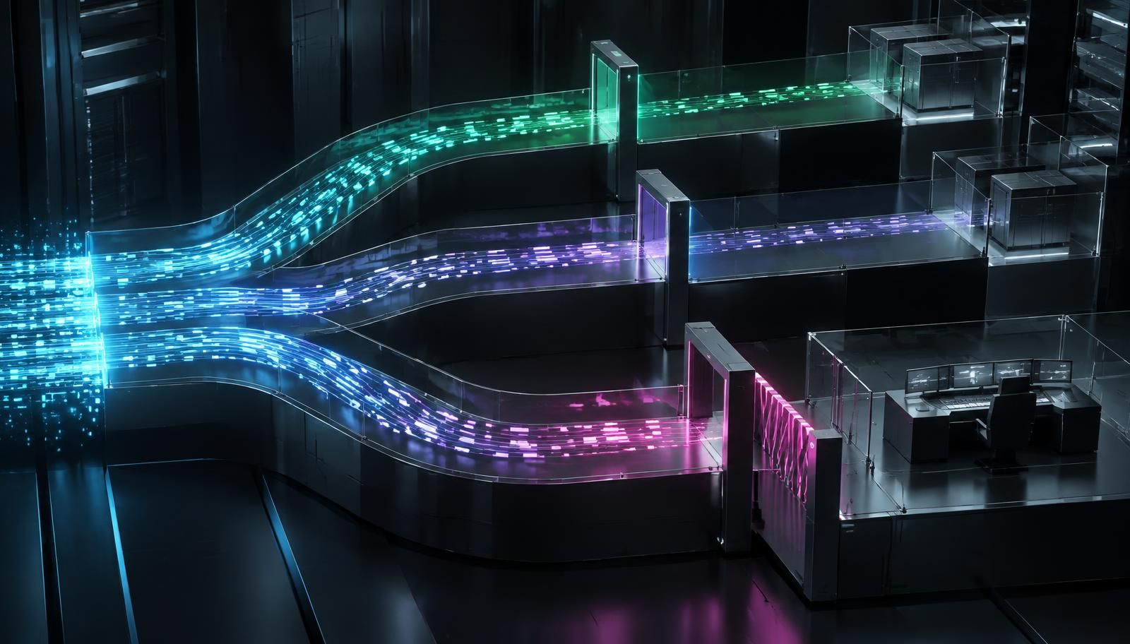 Three AI agent paths pass through green, purple and pink authorization gates; the highest-risk path leads to human oversight