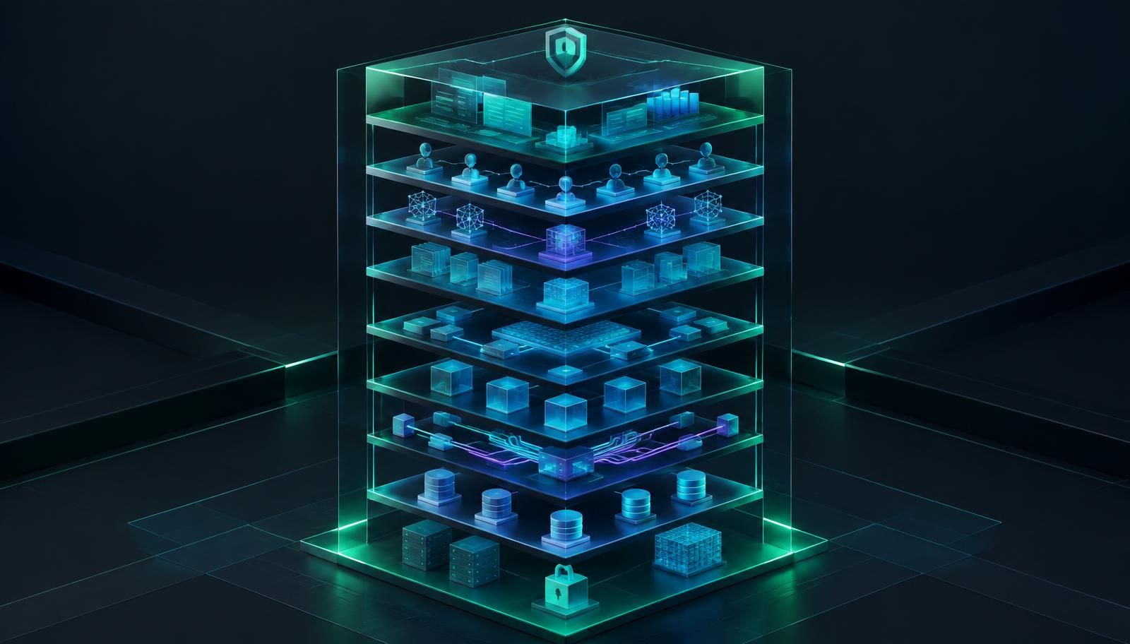 Illustration of stacked AI governance control planes: access, model, data and audit safeguards below a security shield