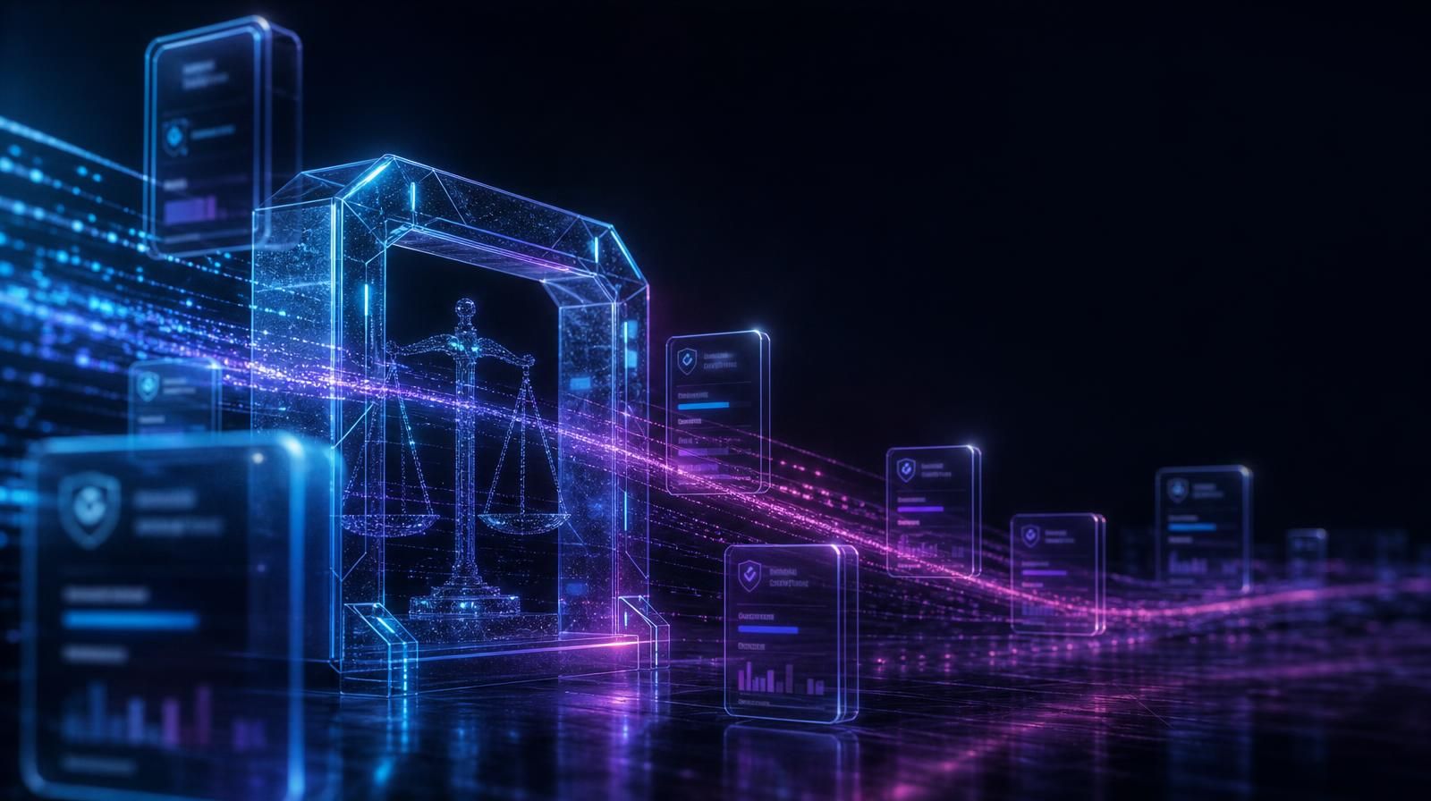 Luminous transparent governance checkpoint arch with inspection panels showing confidence and provenance markers as data streams pass through