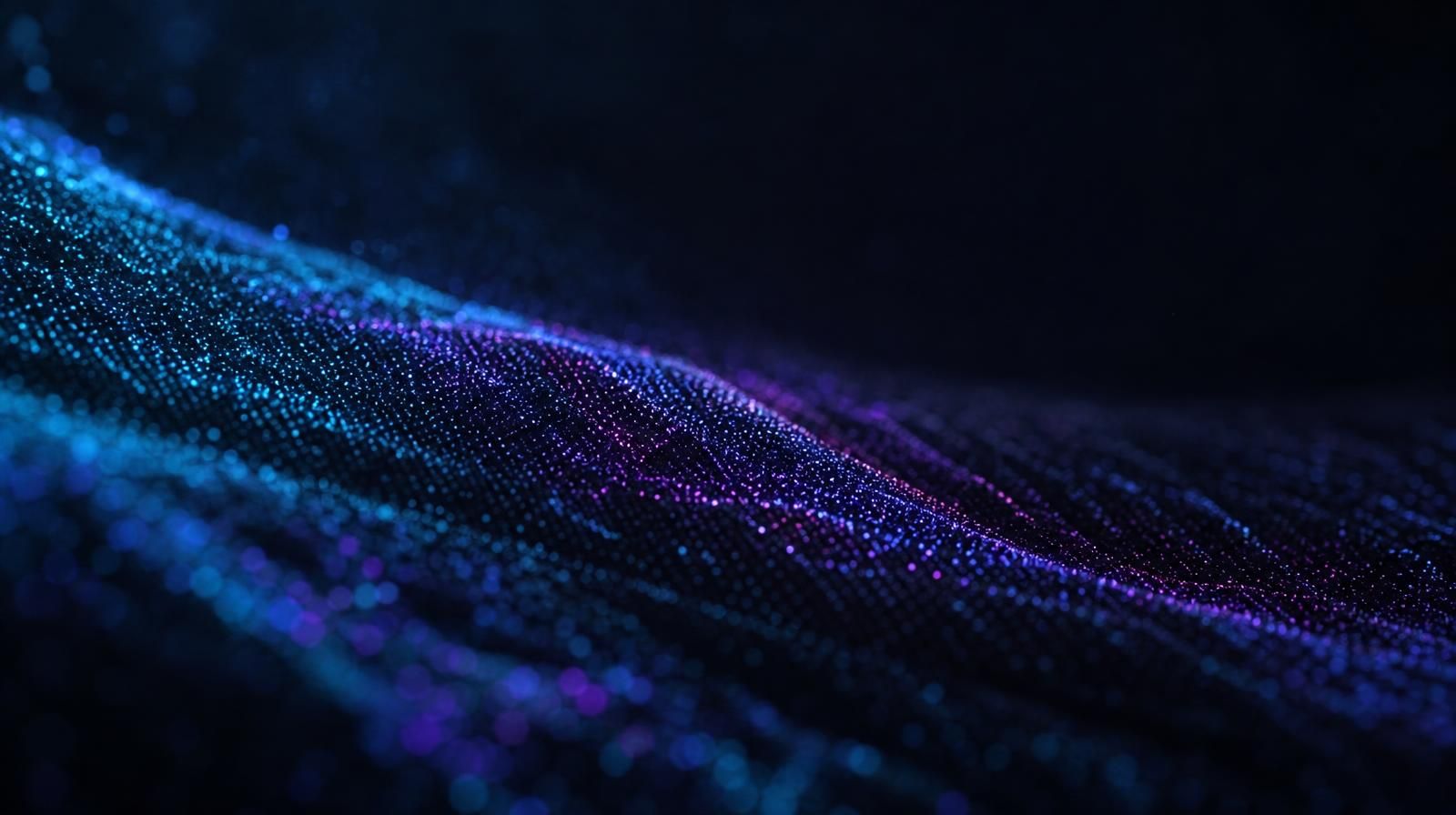 Dark field of fine luminous cyan points with a subtle violet ripple of micro-displacements, representing accumulating small distortions