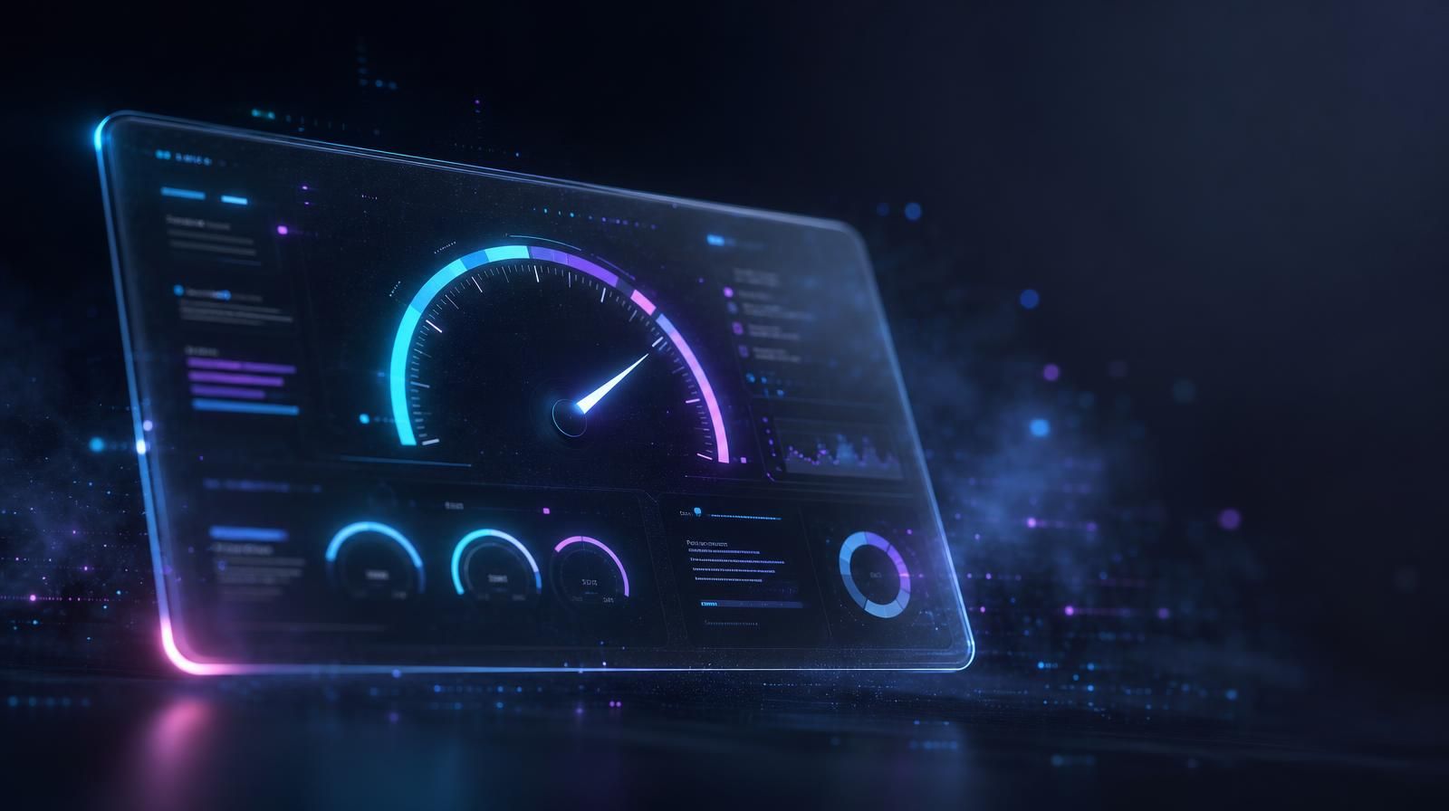 Floating frosted glass instrument panel with glowing cyan gauge arcs and violet threshold markers, representing an AI data pollution scorecard