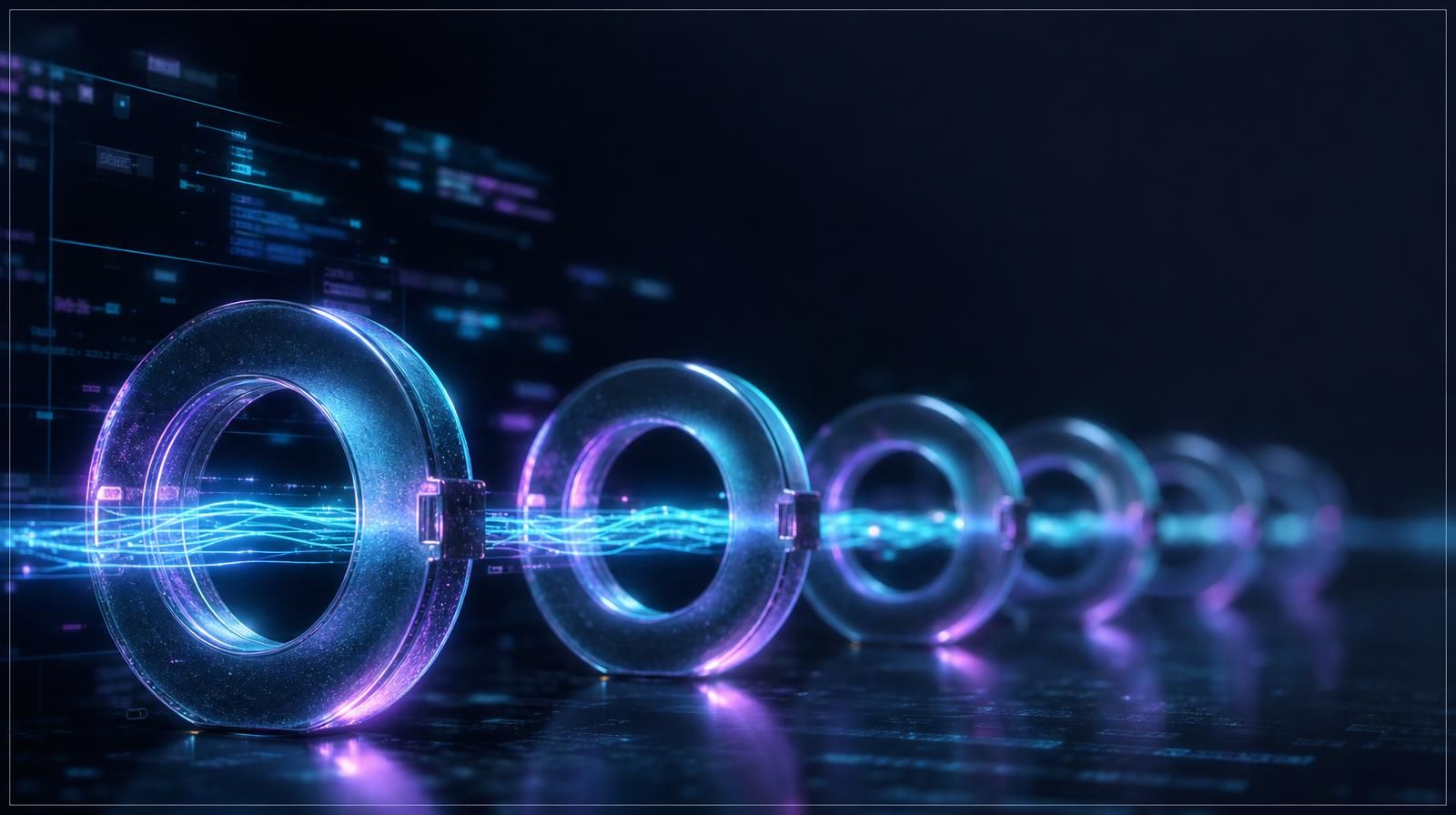 A chain of frosted glass gateway rings threaded by a single traceable filament of cyan light, representing a provenance control layer