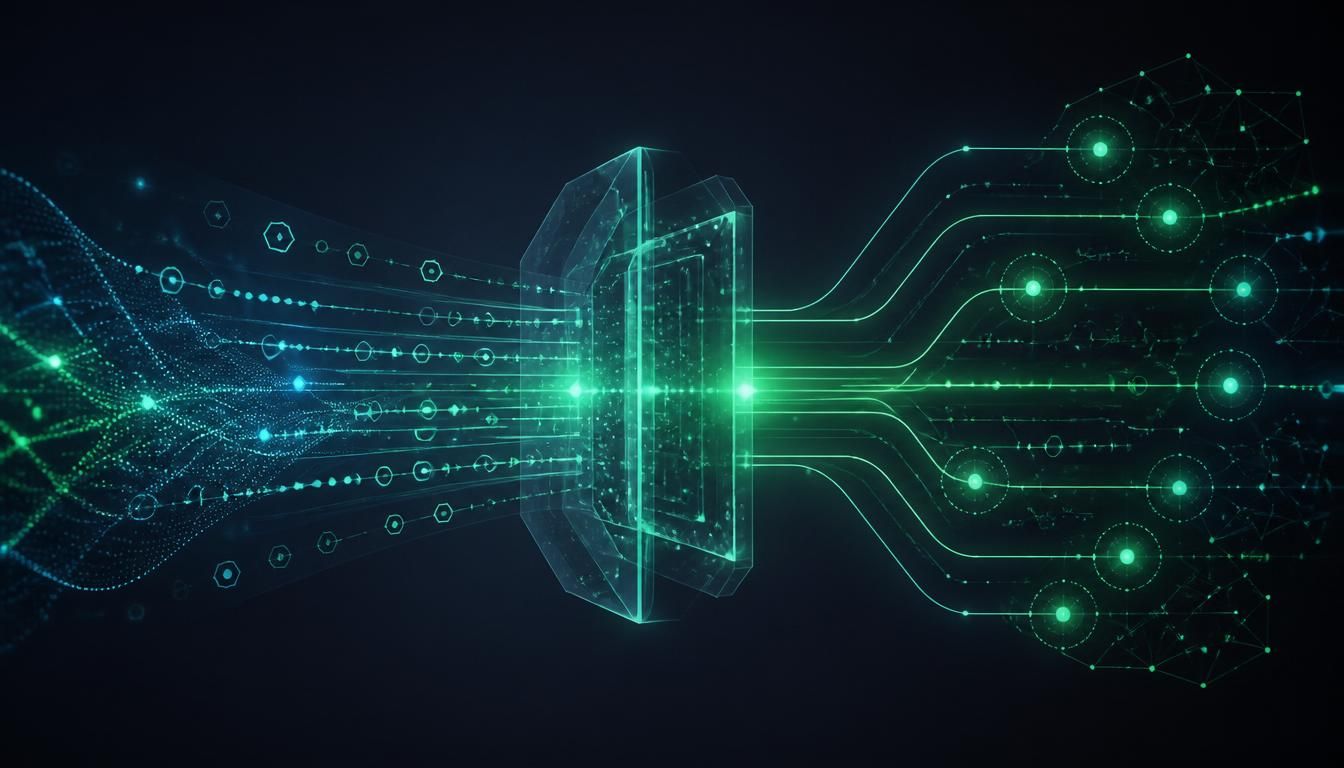 Abstract visualization of healthcare data flowing through the BCP Transaction Layer integration service