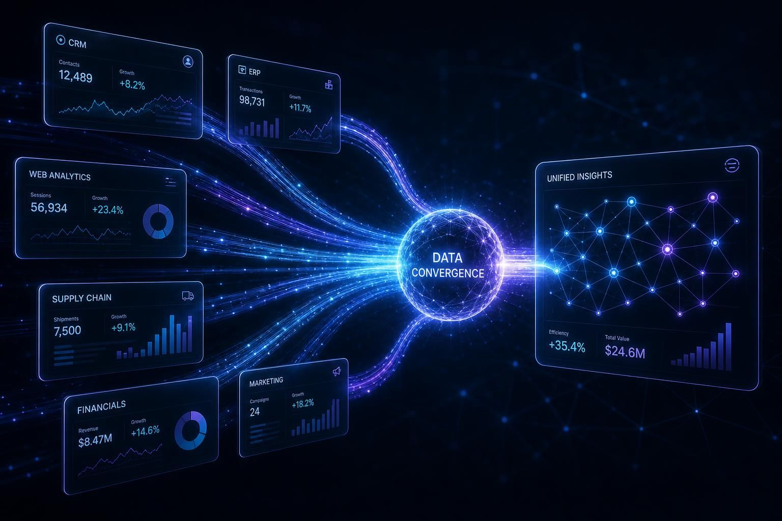 Streams of data converging into a single luminous core, representing unified healthcare intelligence