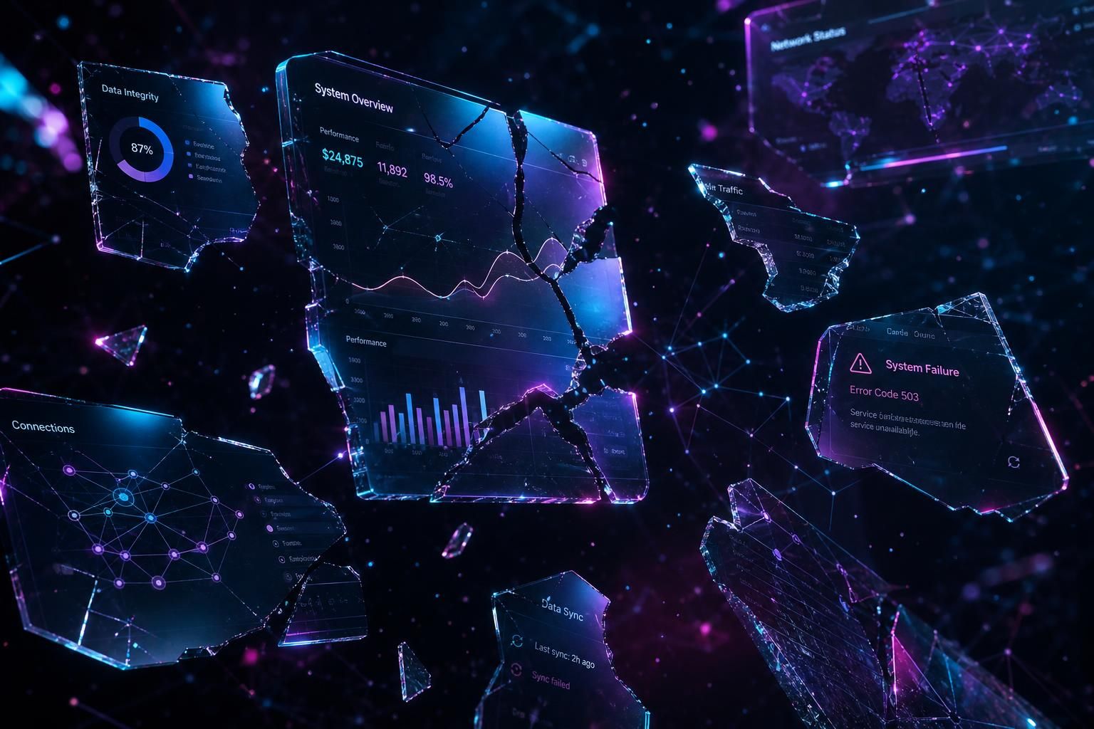 Fragmented healthcare data shards floating in space, representing the disconnected state of clinical and operational information