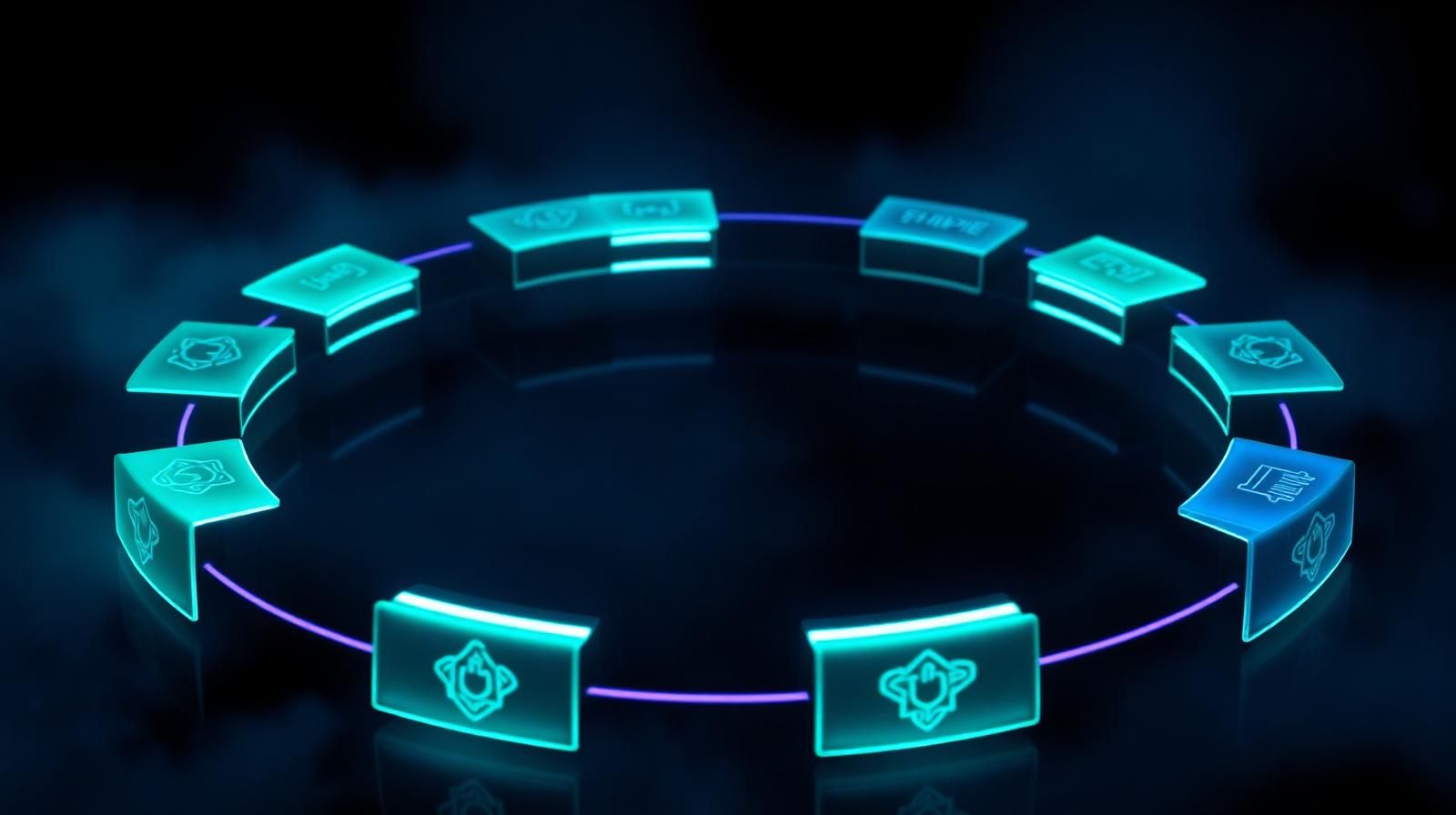 Circular eight-stage transaction lifecycle diagram with luminous emerald and cyan glass nodes representing authenticate, validate, isolate, transform, validate rules, transmit, confirm, and discard