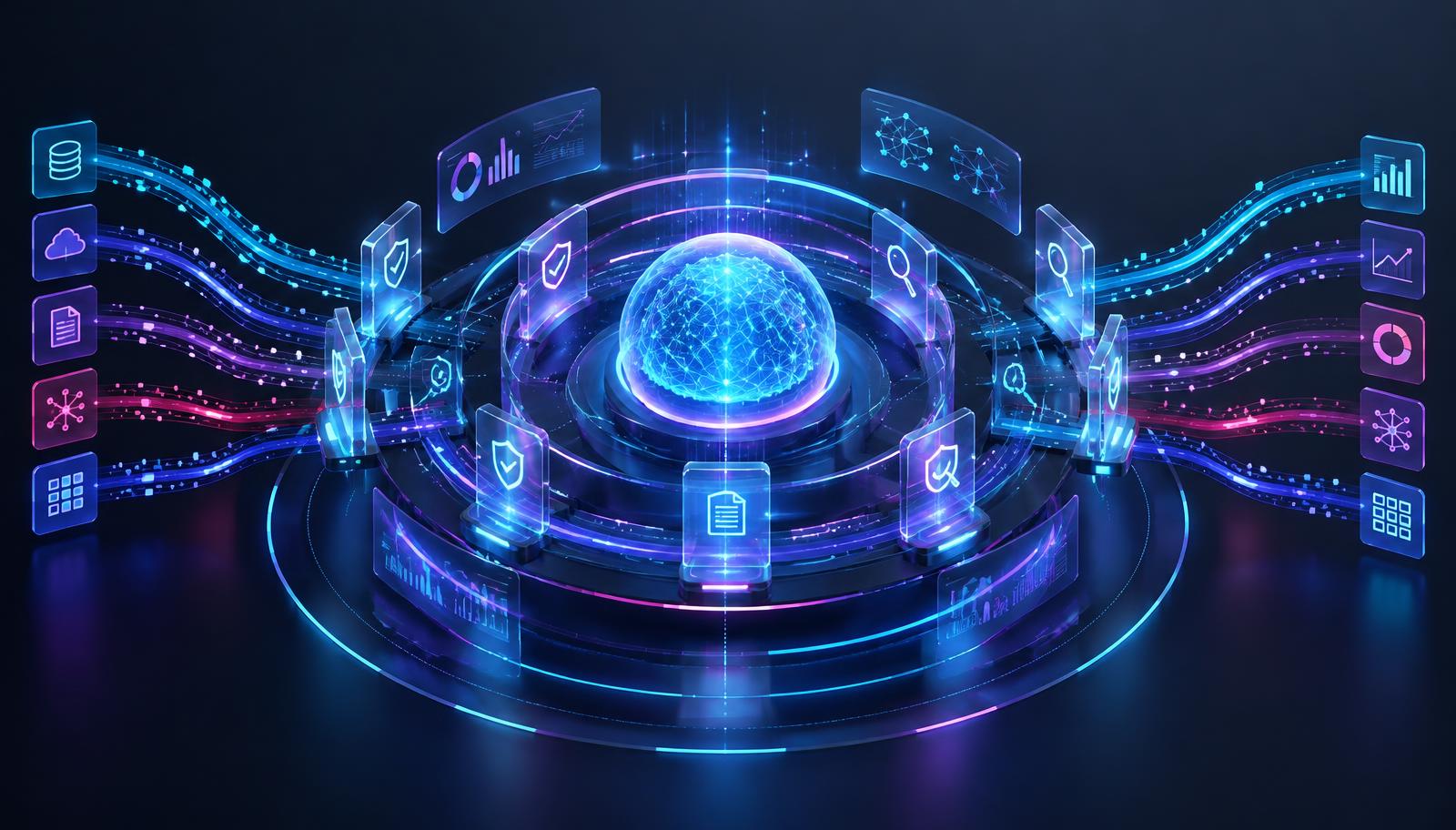 Abstract visualization of an AI core surrounded by concentric governance audit rings, verification gates, and monitored data streams