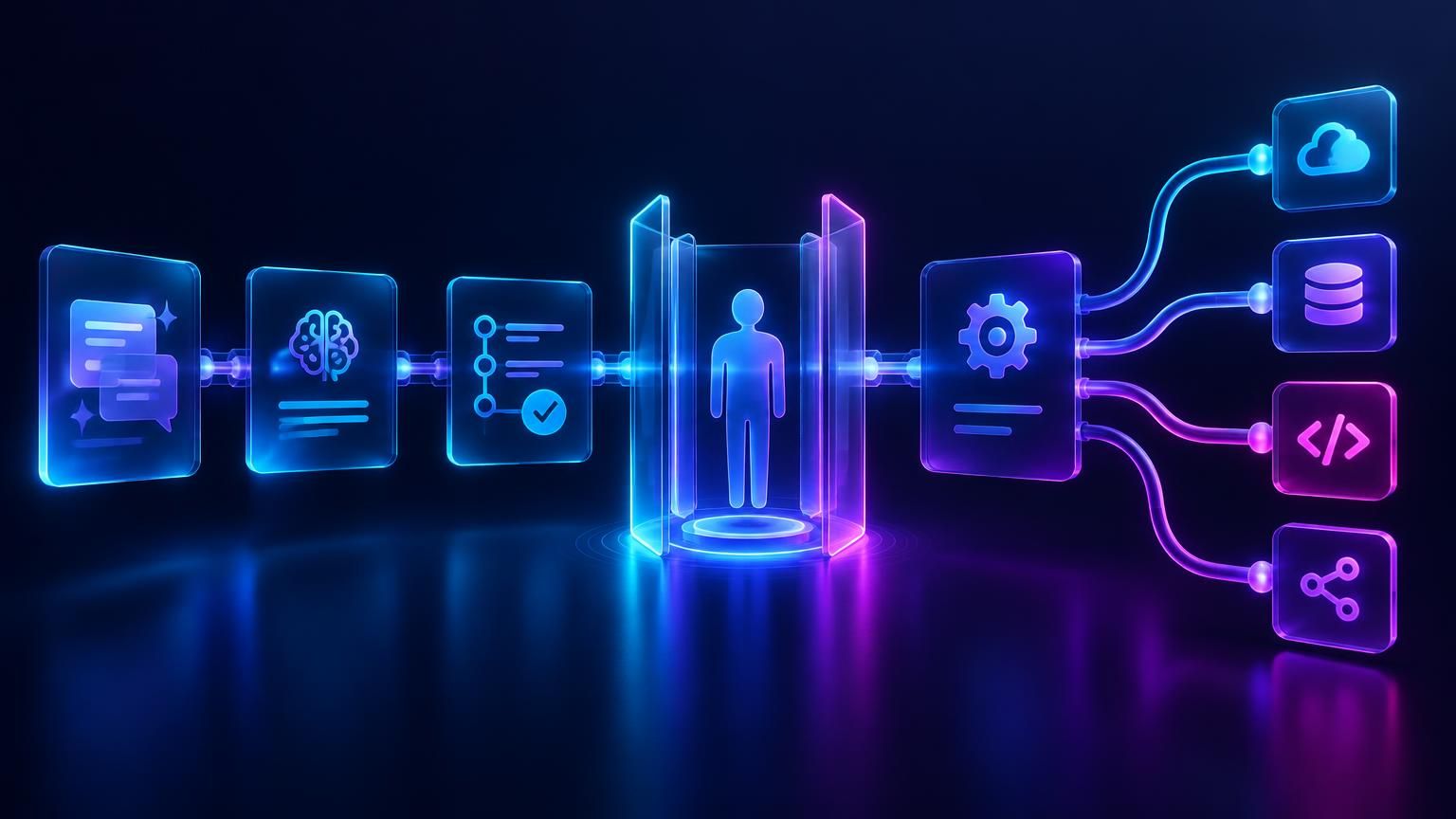An agent workflow pipeline with a human review checkpoint before tools act on connected systems