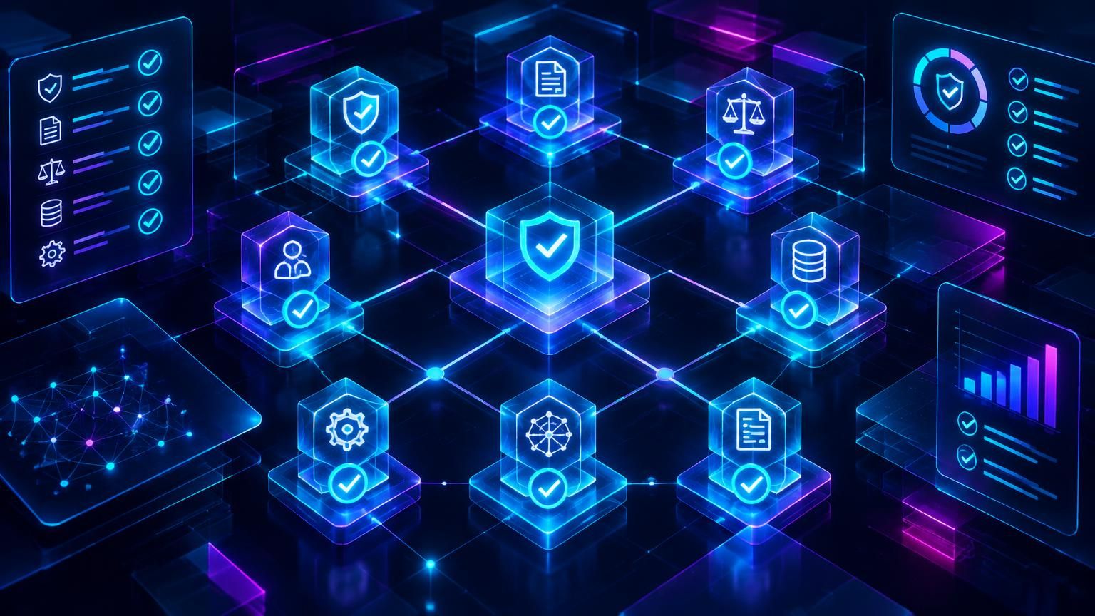 Layered AI governance controls verifying data, models, and compliance checkpoints