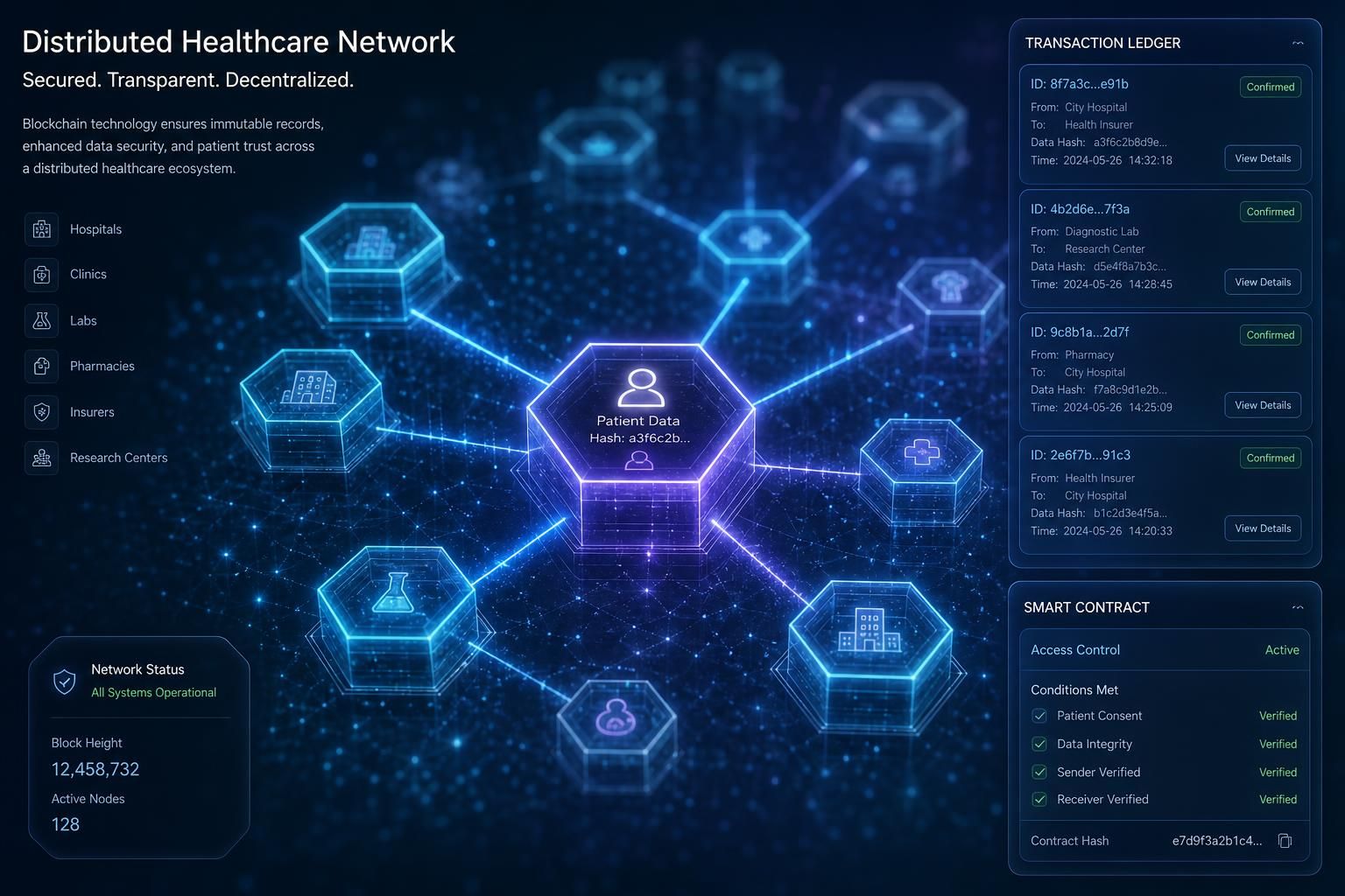 Distributed blockchain network securing healthcare transactions