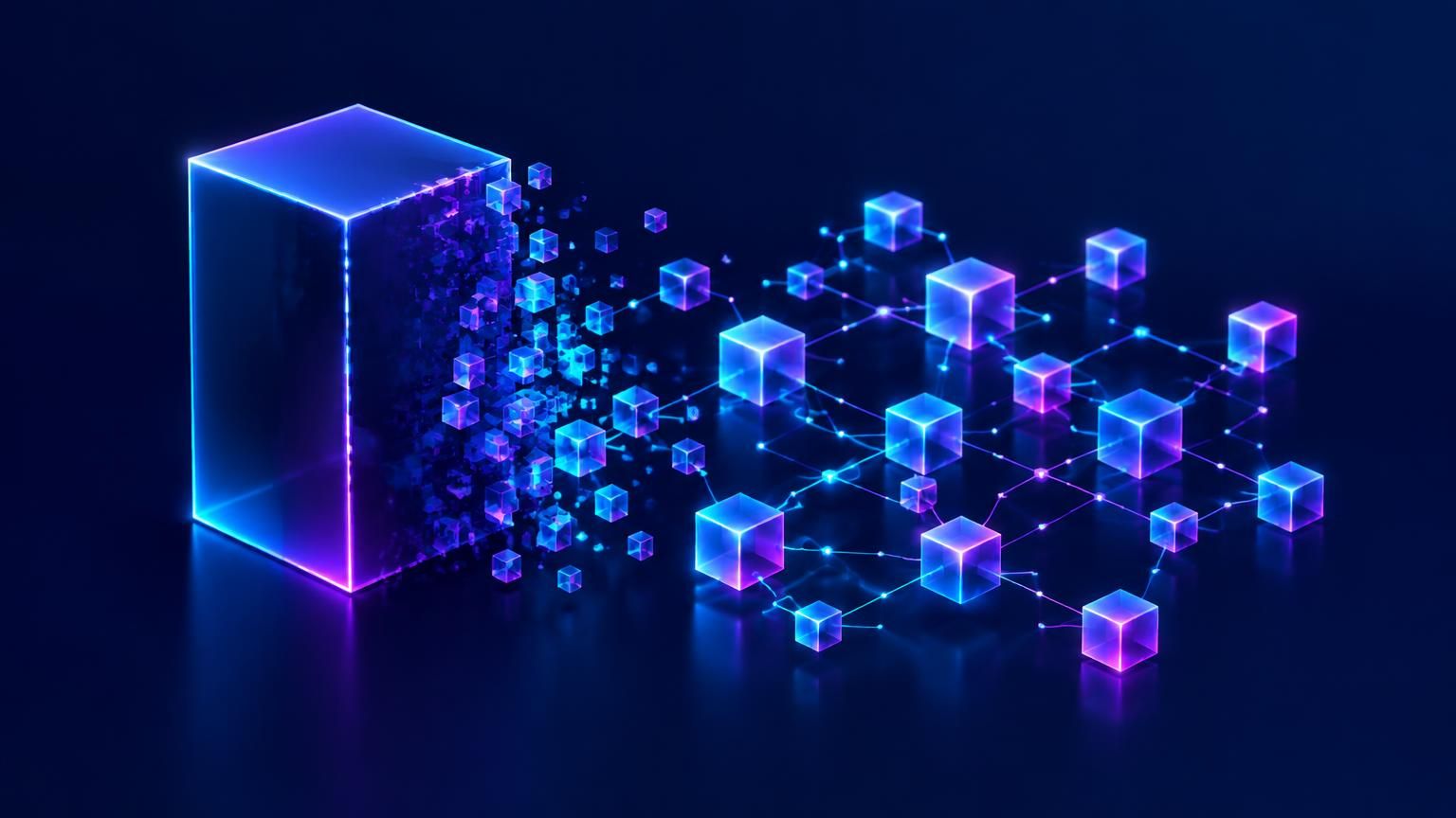 A legacy monolith breaking apart into a lattice of connected modular services