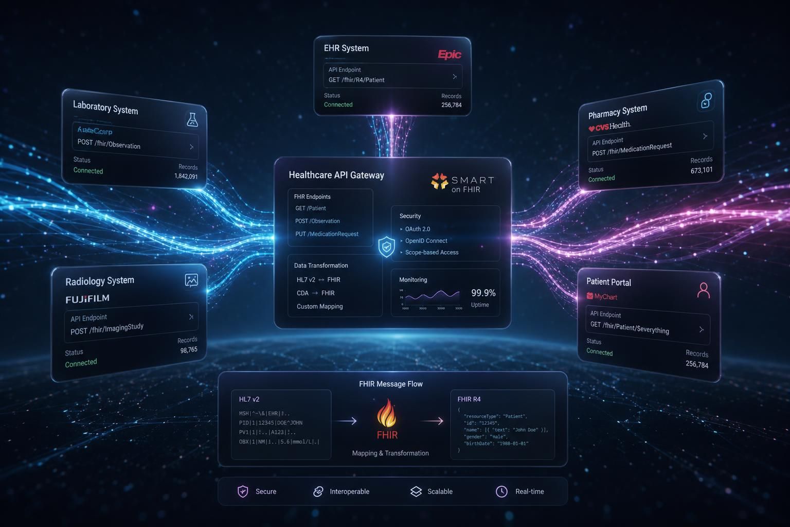 Healthcare API integration and connected systems network