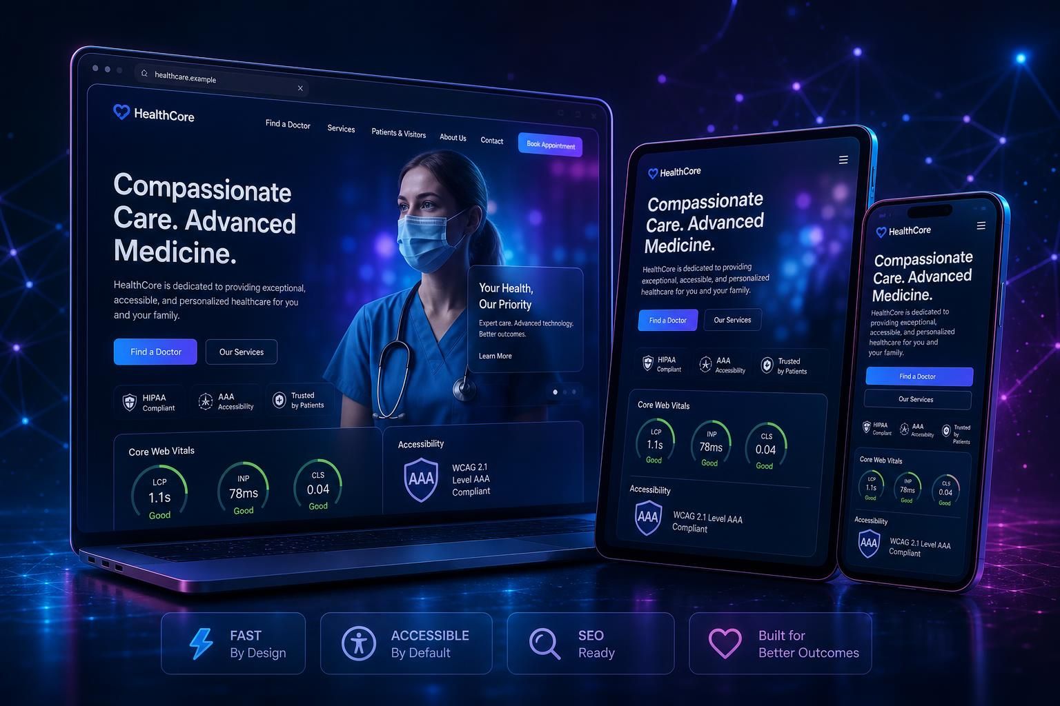 Responsive healthcare website displayed across desktop, tablet, and mobile devices
