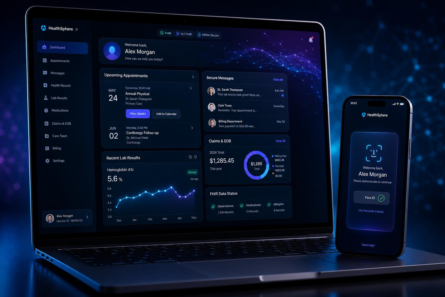 Patient portal dashboard with appointments, lab results, and secure messaging